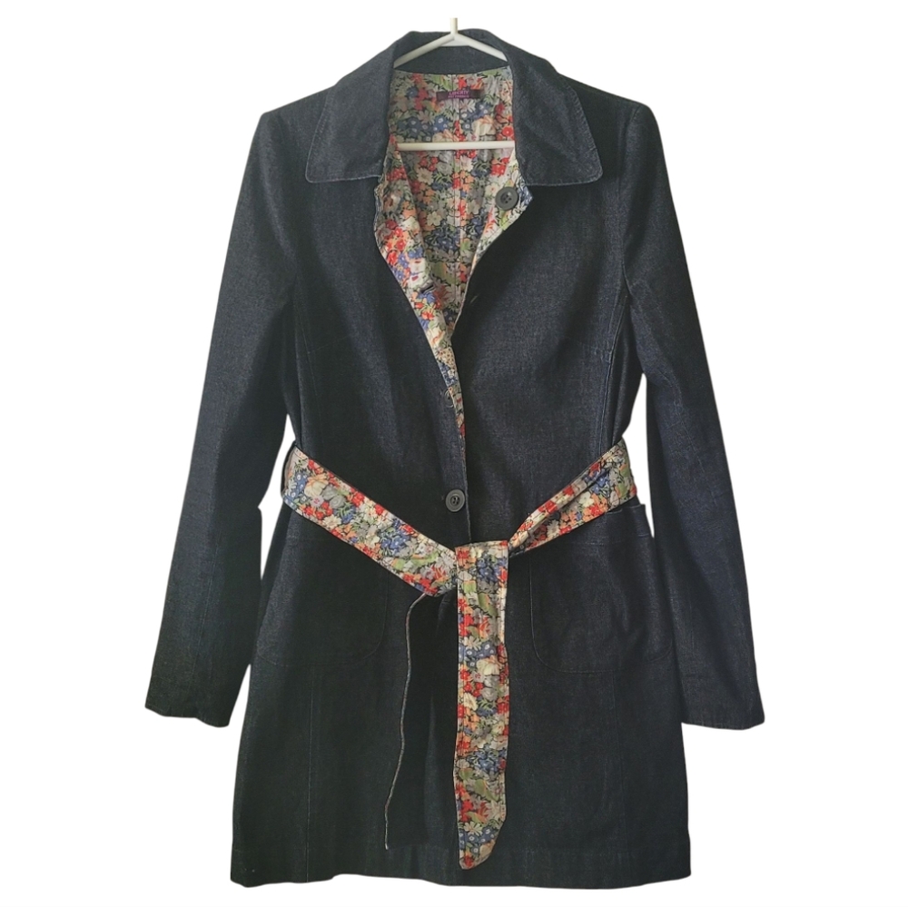 Liberty Art Fabrics Floral Print & Dark Blue Denim Reversible Trench Coat Sz M